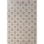 Rectangular high-pile rug in a small-scale square crosshatch design in shades of purple, olive, brown and cream.