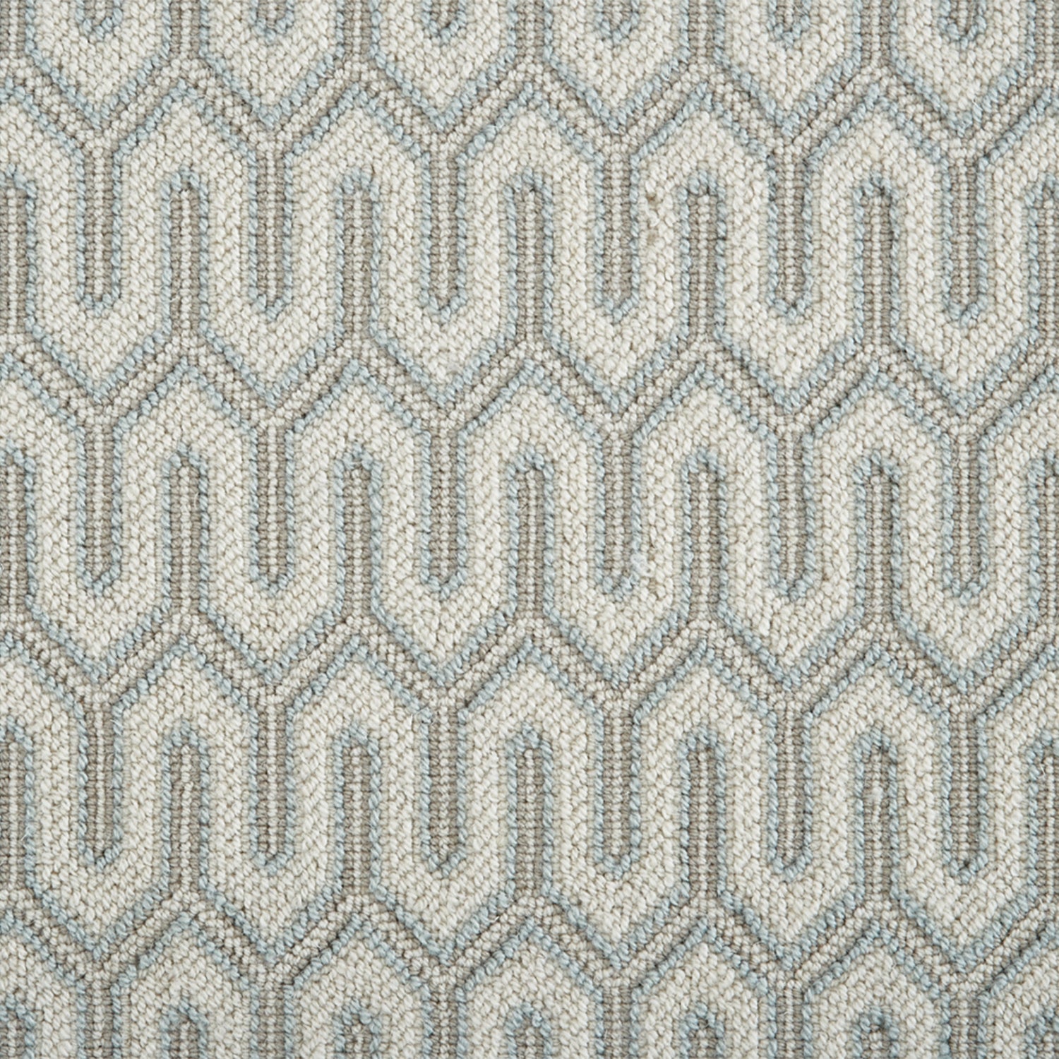 Wool-blend broadloom carpet swatch in a chunky geometric linear weave in gray, light blue and cream.