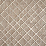 Wool-blend broadloom carpet swatch in a dimensional lattice print in cream on a mottled tan field.