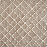 Wool-blend broadloom carpet swatch in a dimensional lattice print in cream on a mottled tan field.