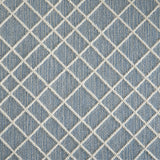 Wool-blend broadloom carpet swatch in a dimensional lattice print in cream on a mottled sky-blue field.