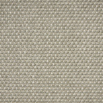 Outdoor broadloom carpet swatch in a flat grid weave in silver and gray.