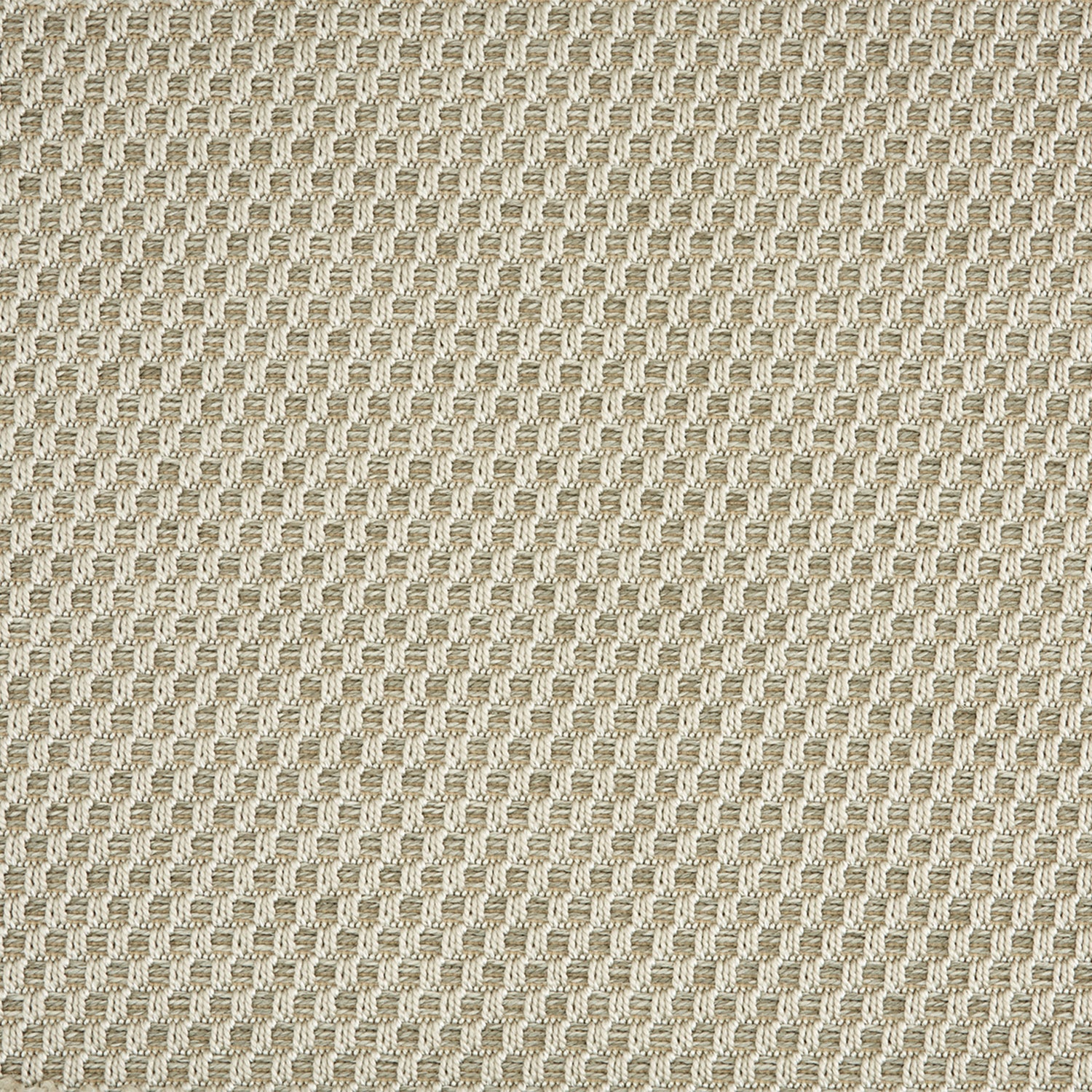 Outdoor broadloom carpet swatch in a flat grid weave in cream.