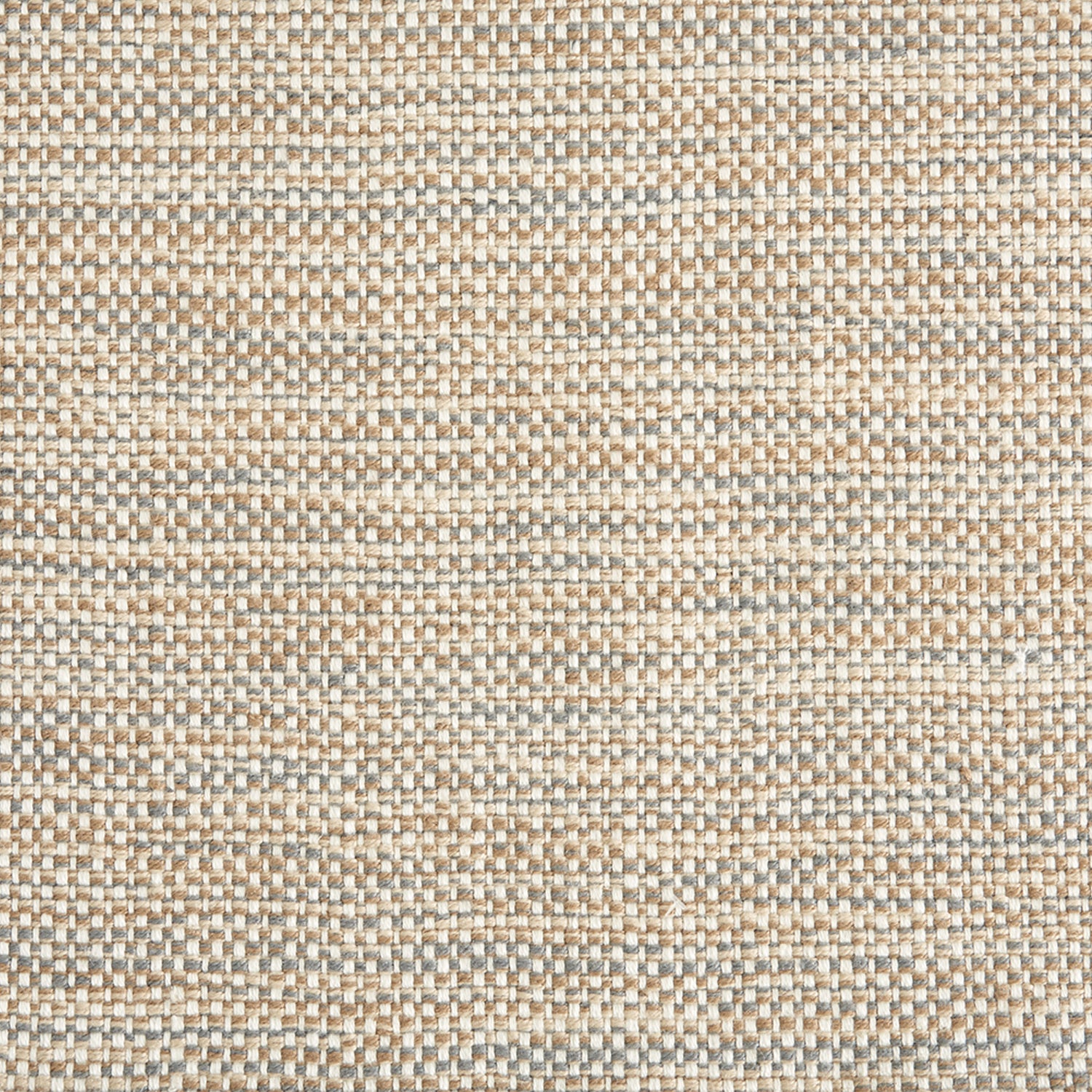 Outdoor broadloom carpet swatch in a chunky grid weave in mottled cream, brown and gray.