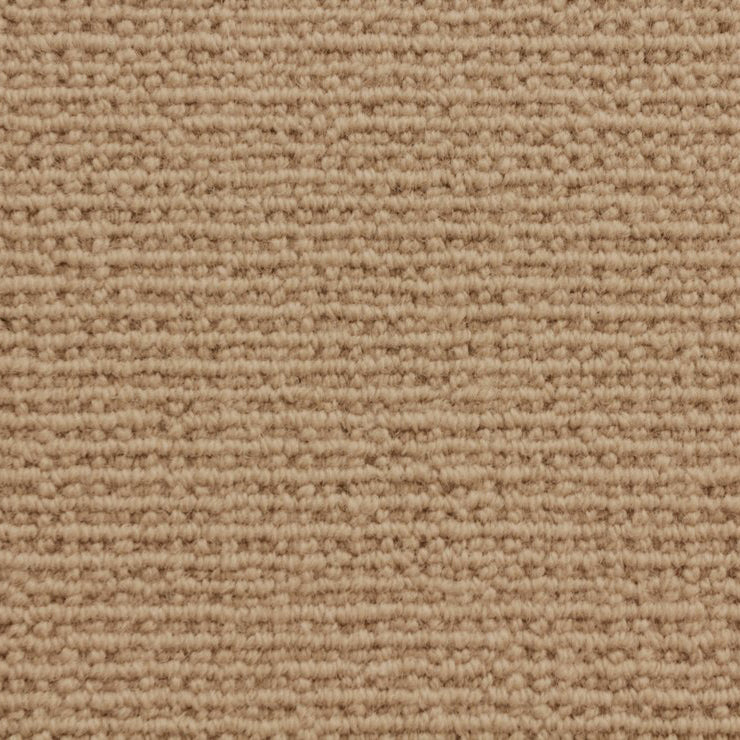 Wool broadloom carpet swatch in a chunky loop weave in light brown.