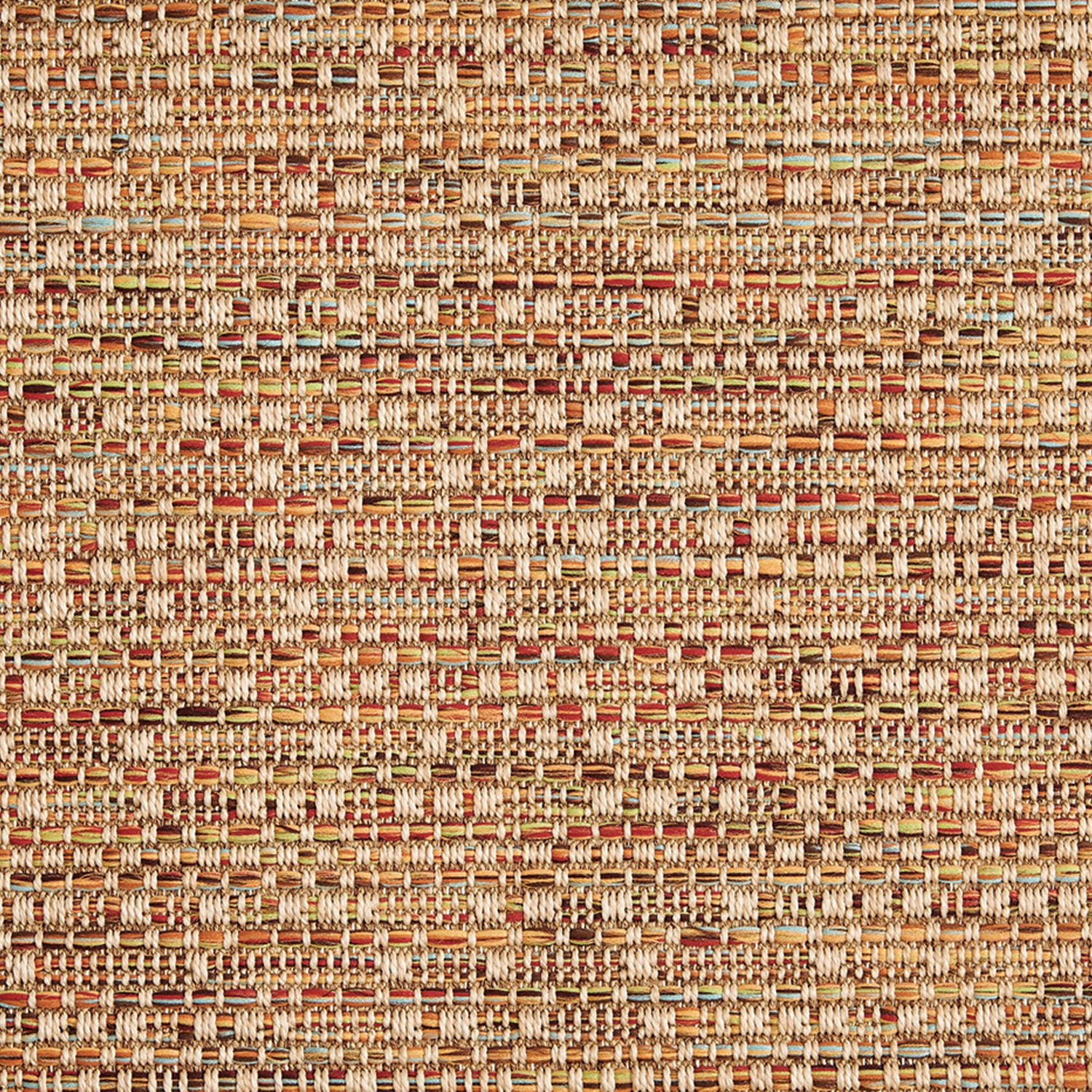 Outdoor broadloom carpet swatch in a textured grid weave in shades of red, orange, yellow and tan.