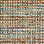 Outdoor broadloom carpet swatch in a large-scale grid weave in shades of brown, cream, orange and blue.