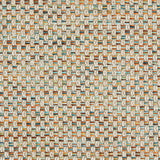 Outdoor broadloom carpet swatch in a large-scale grid weave in shades of cream, orange, green and blue.