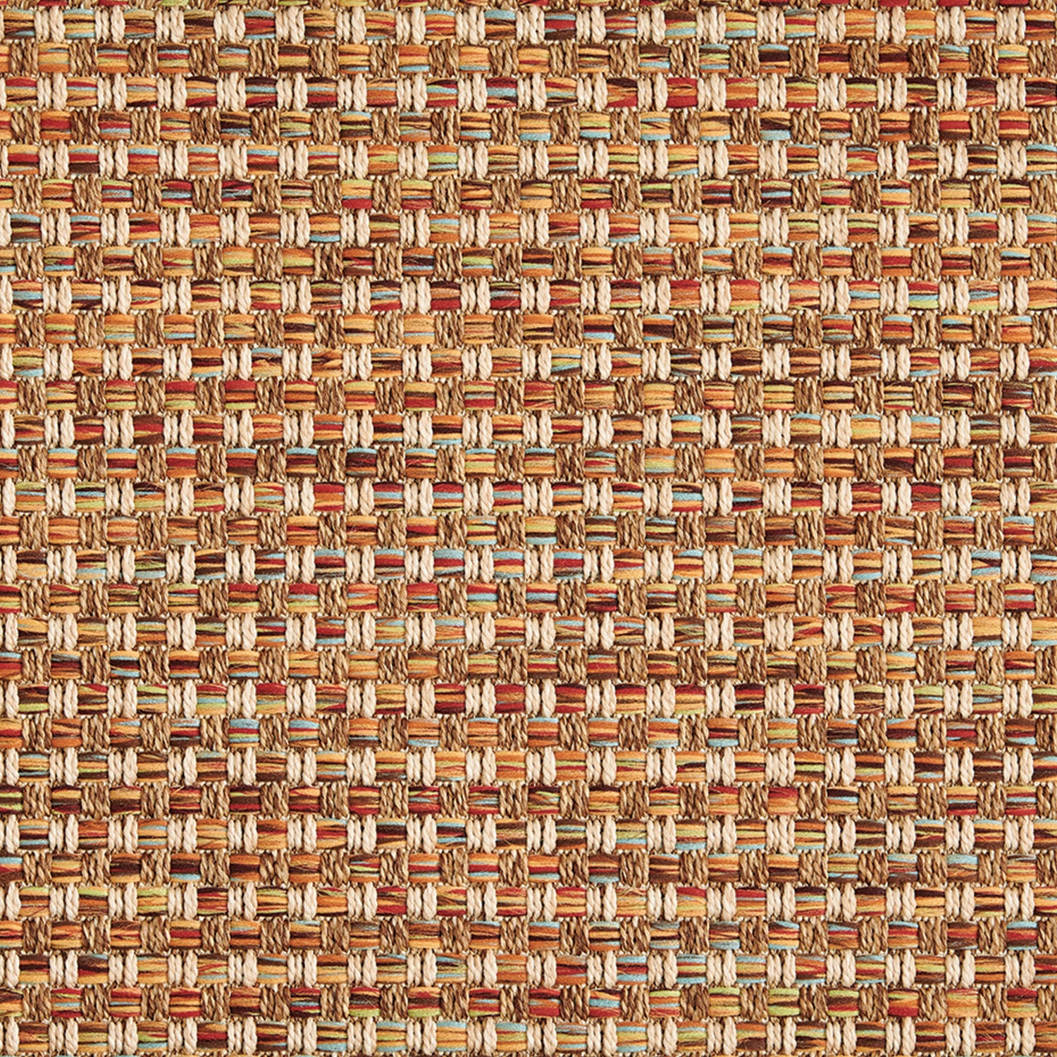 Outdoor broadloom carpet swatch in a large-scale grid weave in shades of red, orange, yellow and tan.