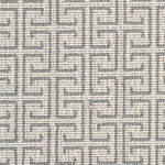 Wool-blend broadloom carpet swatch in an interlocking linear print in blue-gray on a cream field.
