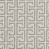 Wool-blend broadloom carpet swatch in an interlocking linear print in blue-gray on a cream field.