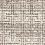 Wool-blend broadloom carpet swatch in an interlocking linear print in sable on a cream field.