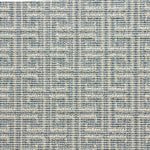 Wool-blend broadloom carpet swatch in an interlocking linear print in sky blue on a cream field.