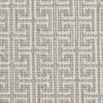 Wool-blend broadloom carpet swatch in an interlocking linear print in gray on a white field.