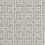 Wool-blend broadloom carpet swatch in an interlocking linear print in gray on a white field.