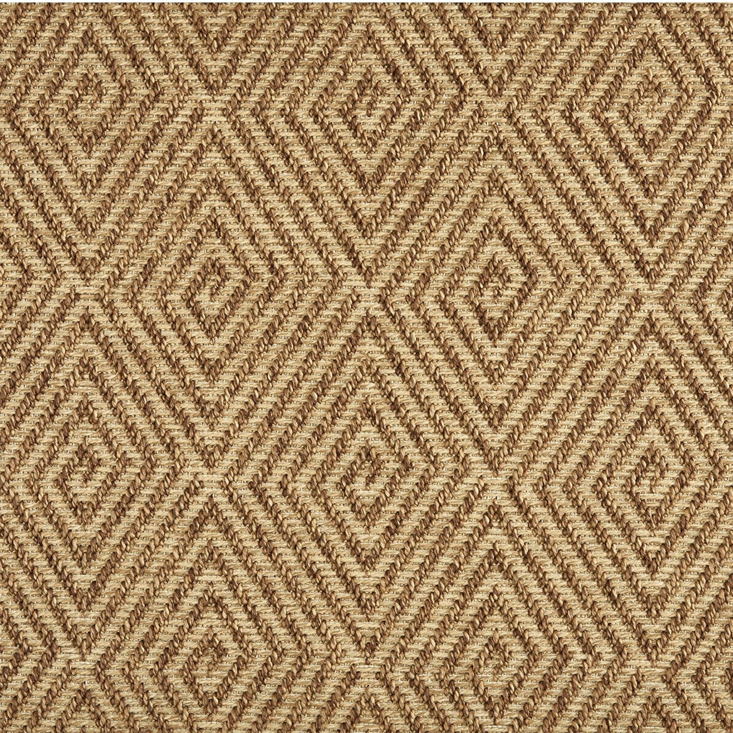 Outdoor broadloom carpet swatch in a dense repeating diamond pattern in brown on a tan field.