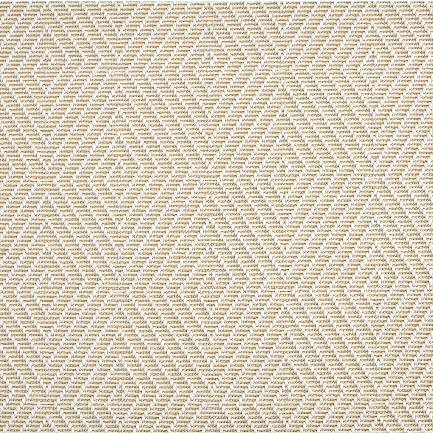 Outdoor broadloom carpet swatch in a dense repeating diamond pattern in white on a cream field.