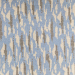 Wool-blend broadloom carpet swatch in a repeating abstract print in cream and gold on a sky blue field.