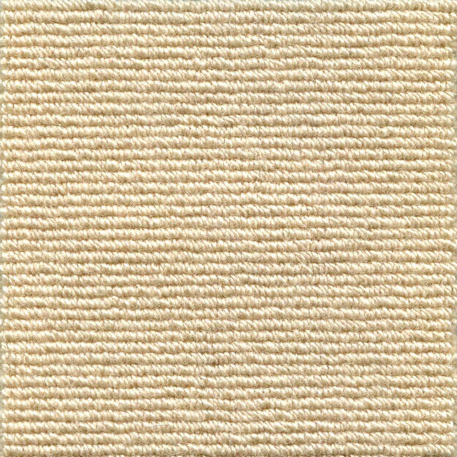 Wool broadloom carpet swatch in a chunky ribbed weave in cream.