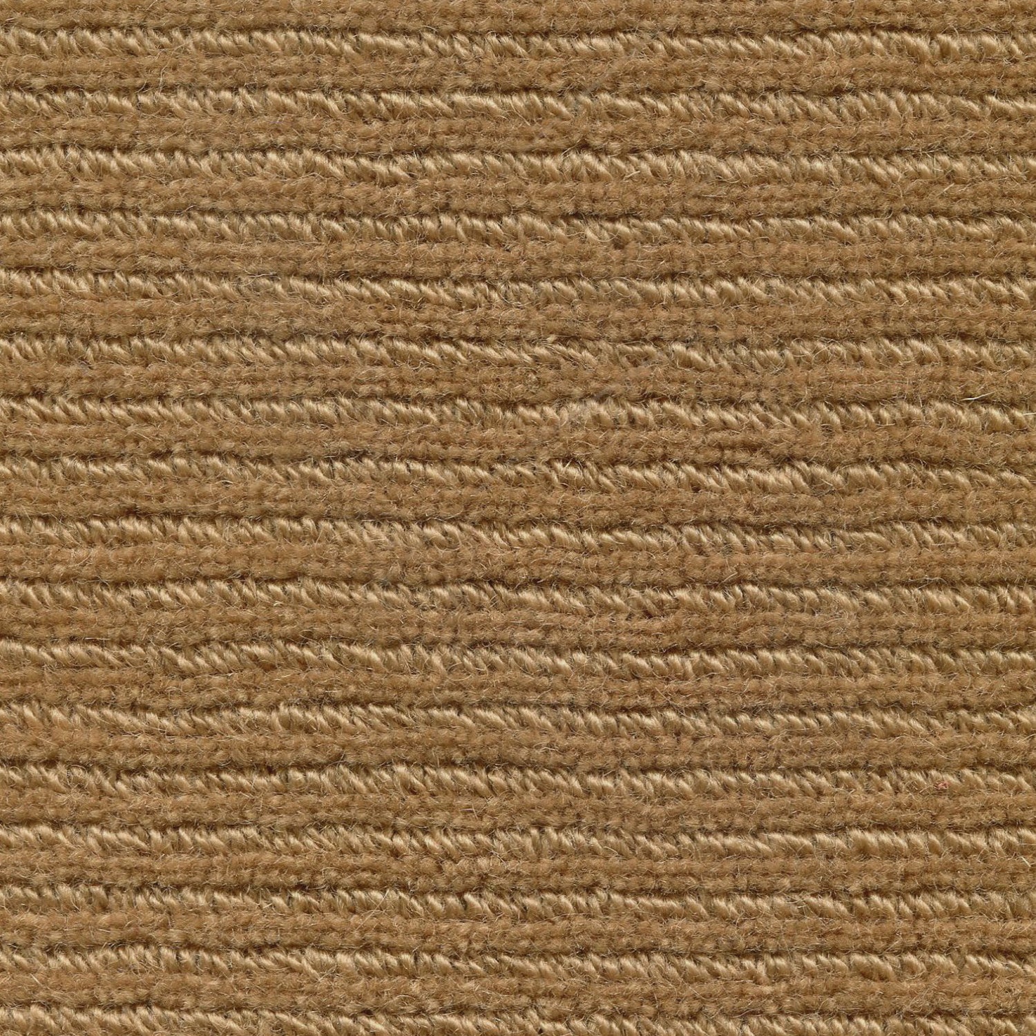 Wool broadloom carpet swatch in a chunky ribbed weave in camel.