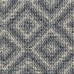 Wool broadloom carpet swatch in a repeating diamond pattern in tan on a gray field.