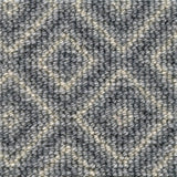 Wool broadloom carpet swatch in a repeating diamond pattern in tan on a gray field.