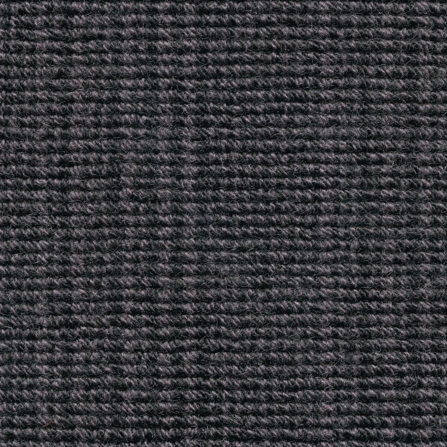 Wool broadloom carpet swatch in a chunky striped weave in dark purple and charcoal.