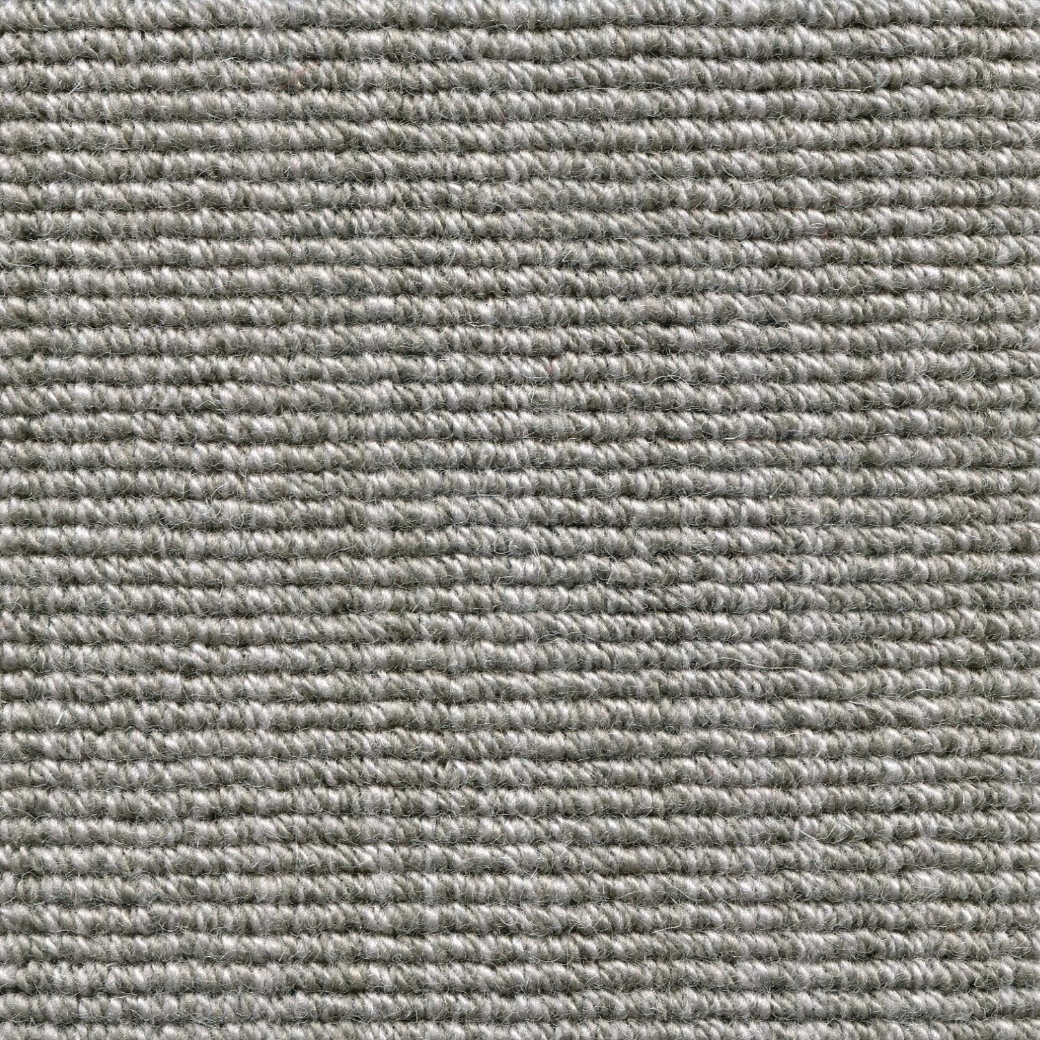 Wool broadloom carpet swatch in a chunky striped weave in gray and sage.