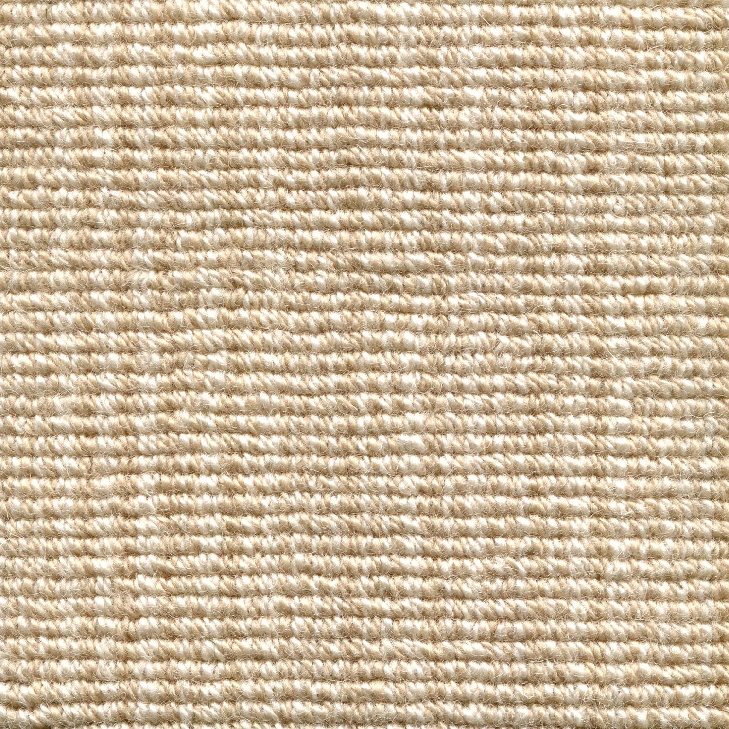 Wool broadloom carpet swatch in a chunky striped weave in cream and tan.