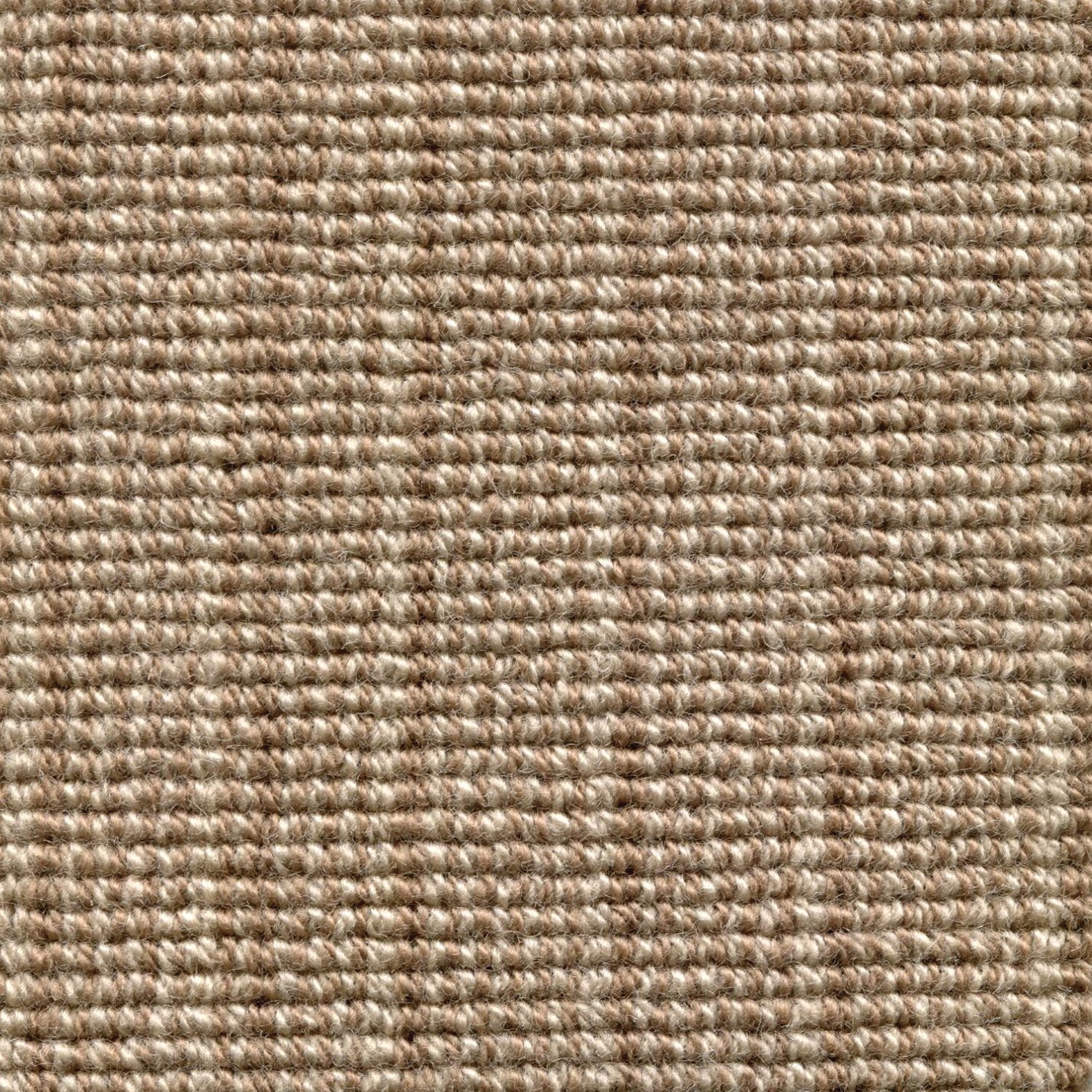 Wool broadloom carpet swatch in a chunky striped weave in cream and light brown.