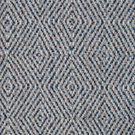 Wool-blend broadloom carpet swatch in a chunky diamond weave in mottled shades of cream, sable, blue and navy.