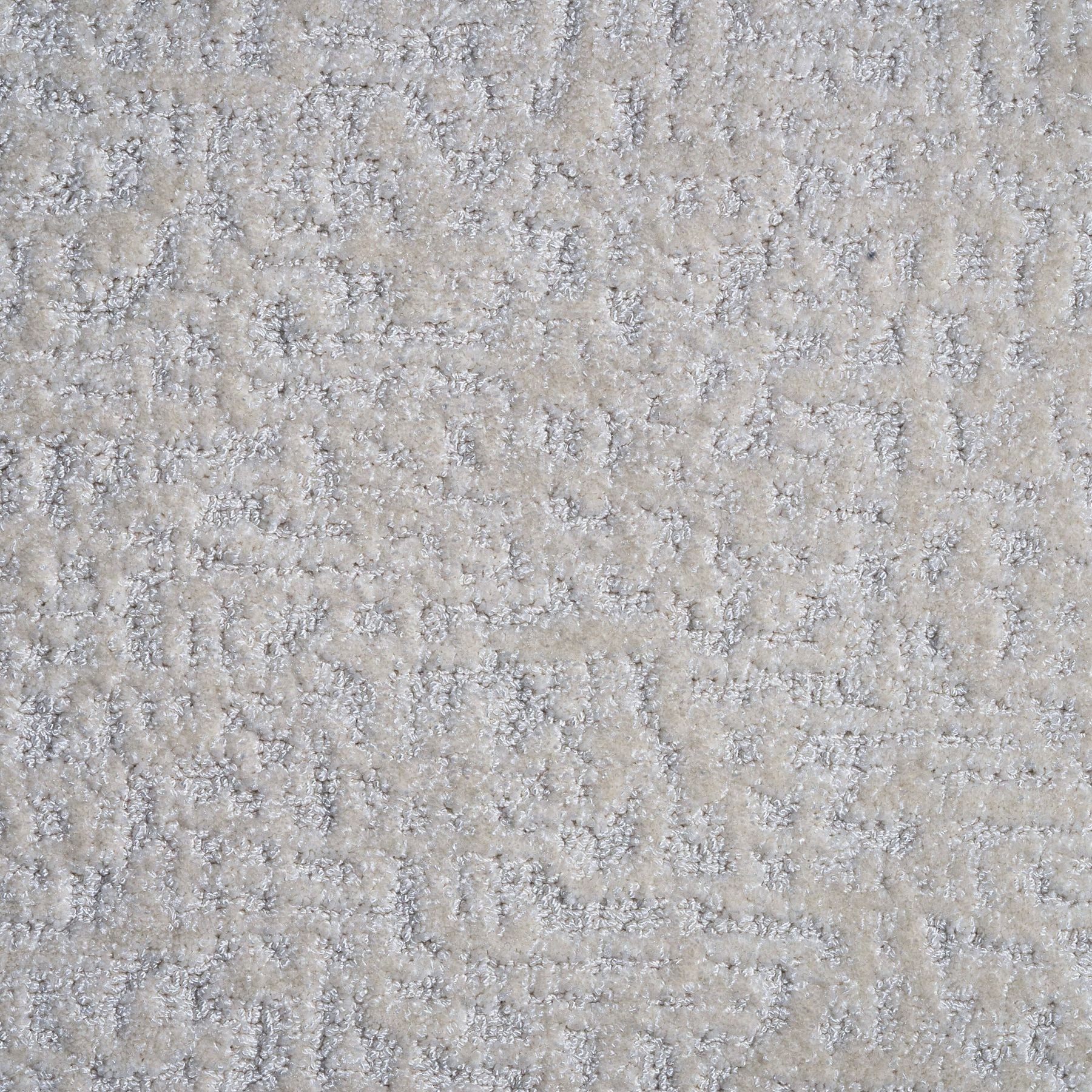 Synthetic-blend broadloom carpet swatch in an abstract textured loop weave in greige.