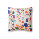A square throw pillow with repeating rows of colorful leaf prints in shades of red, purple and blue on a cream background.