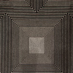 Detail of a wool-silk broadloom carpet swatch in a dense linear square print in white on a black field.