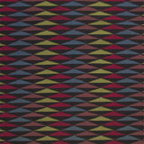 Trio Rug in Jewel, a stacked triangle pattern with black, ruby red, blue, heather purple and yellow. 