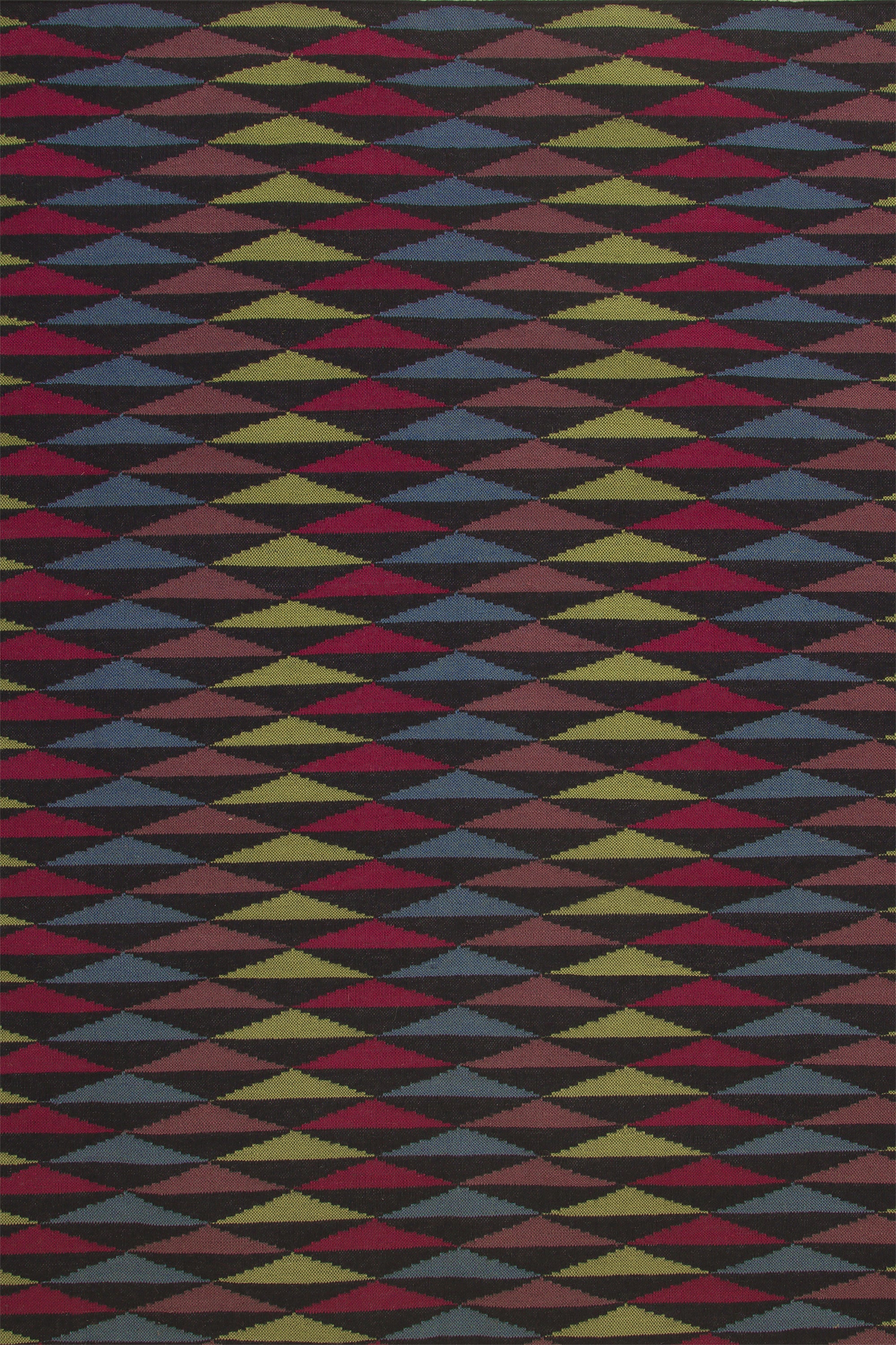 Trio Rug in Jewel, a stacked triangle pattern with black, ruby red, blue, heather purple and yellow. 