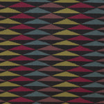 Detail of the Trio Rug in Jewel, a stacked triangle pattern with black, ruby red, blue, heather purple and yellow. 