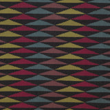 Detail of the Trio Rug in Jewel, a stacked triangle pattern with black, ruby red, blue, heather purple and yellow. 
