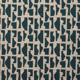 Fabric swatch with a geometric sculptural vessel motif in dark blue on a textured woven linen in oatmeal.