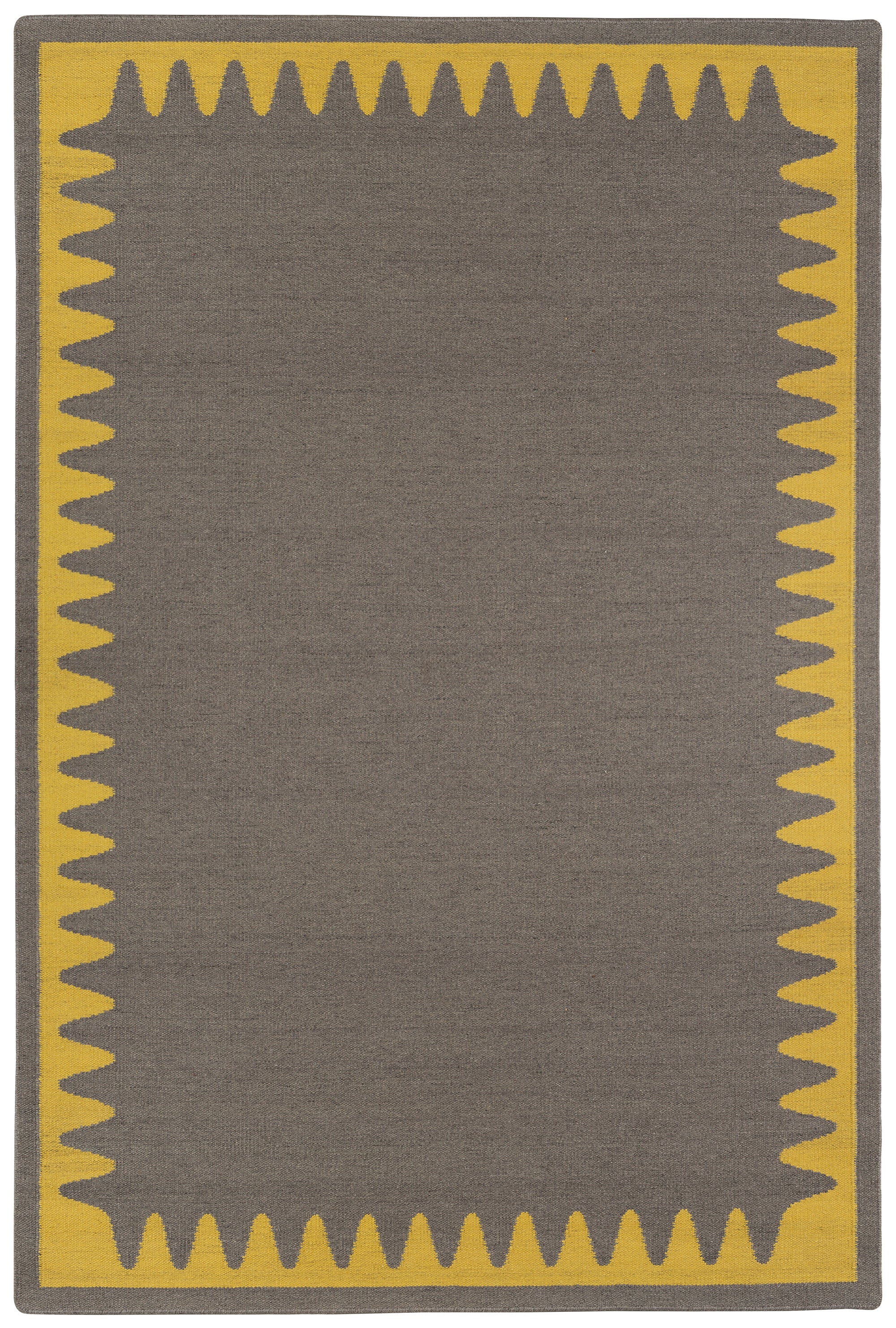 Waver Rug in Cardinal Yellow, a dark taupe field with a yellow flame stitch border. 