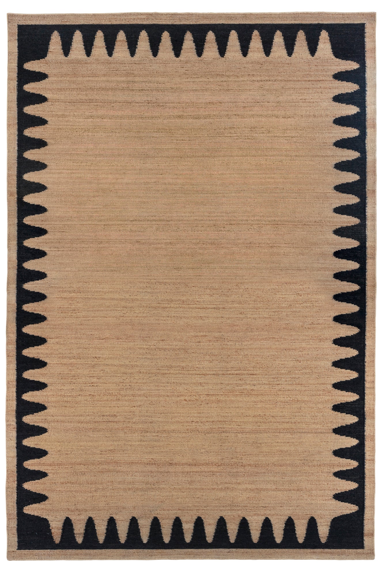 Waver Rug in Jet Black, a strated ecru field with a black flame stitch border. 