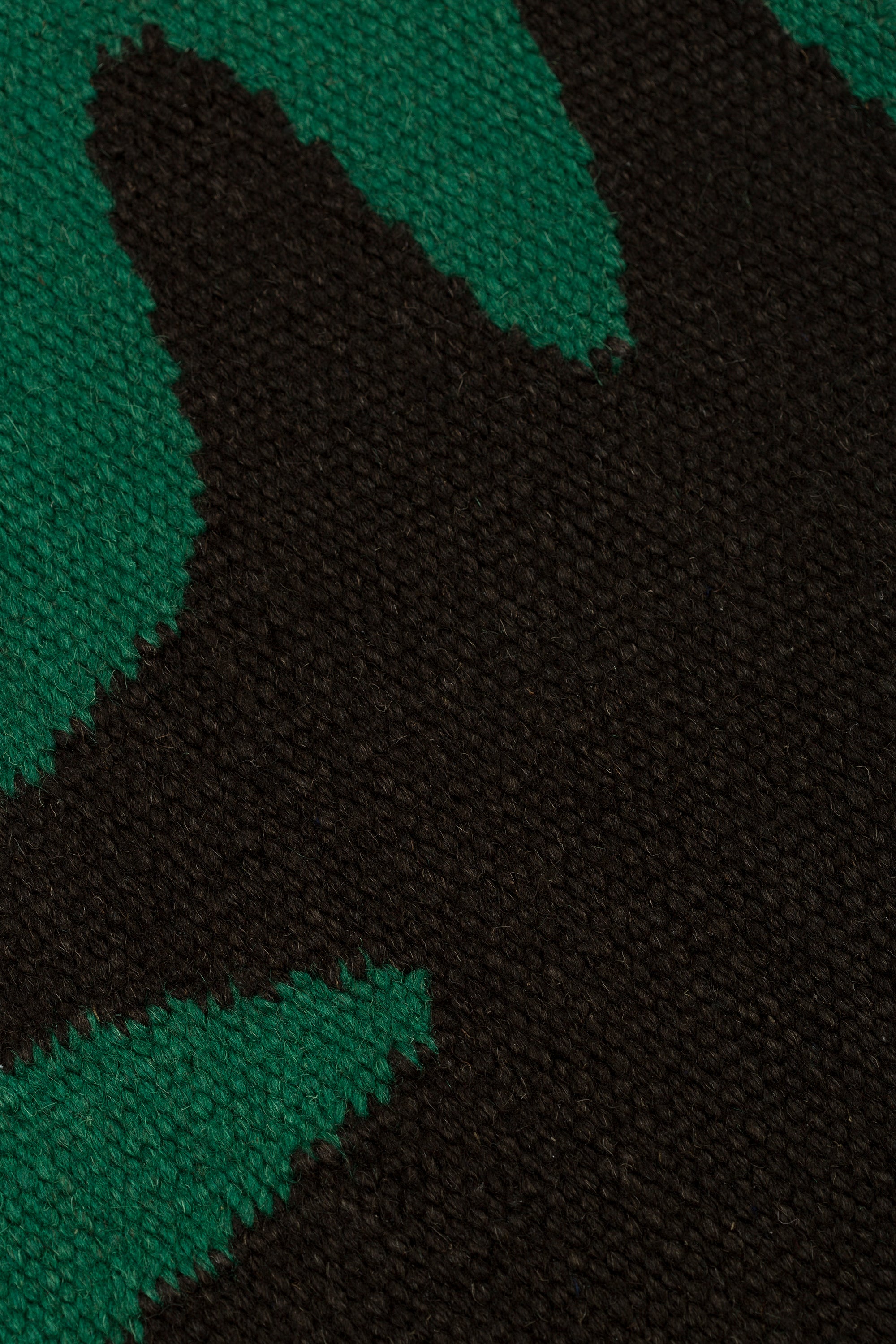 Detail of the Waver Rug in Modernist Green, a solid black field with a green flame stitch border. 