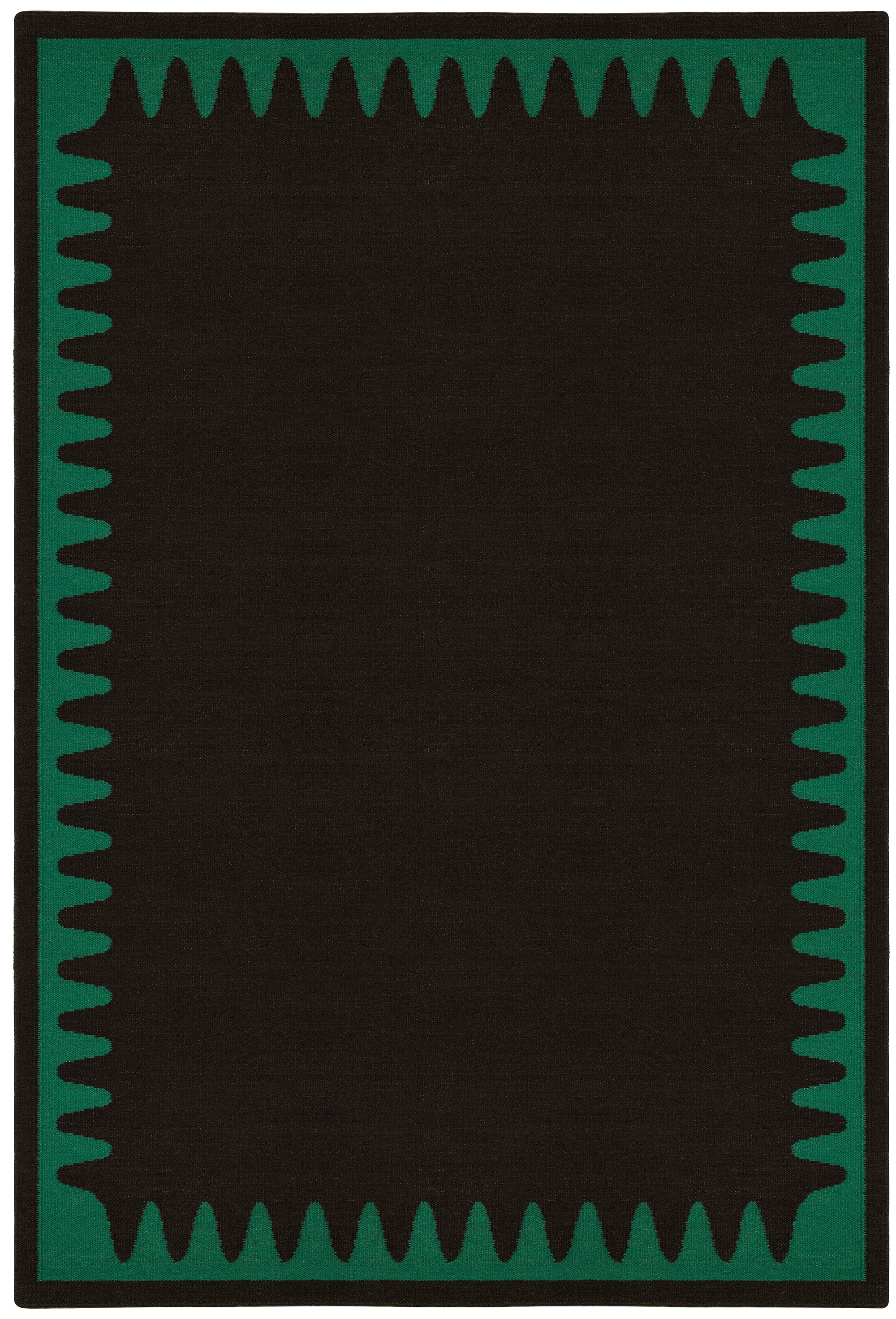 Waver Rug in Modernist Green, a solid black field with a green flame stitch border. 