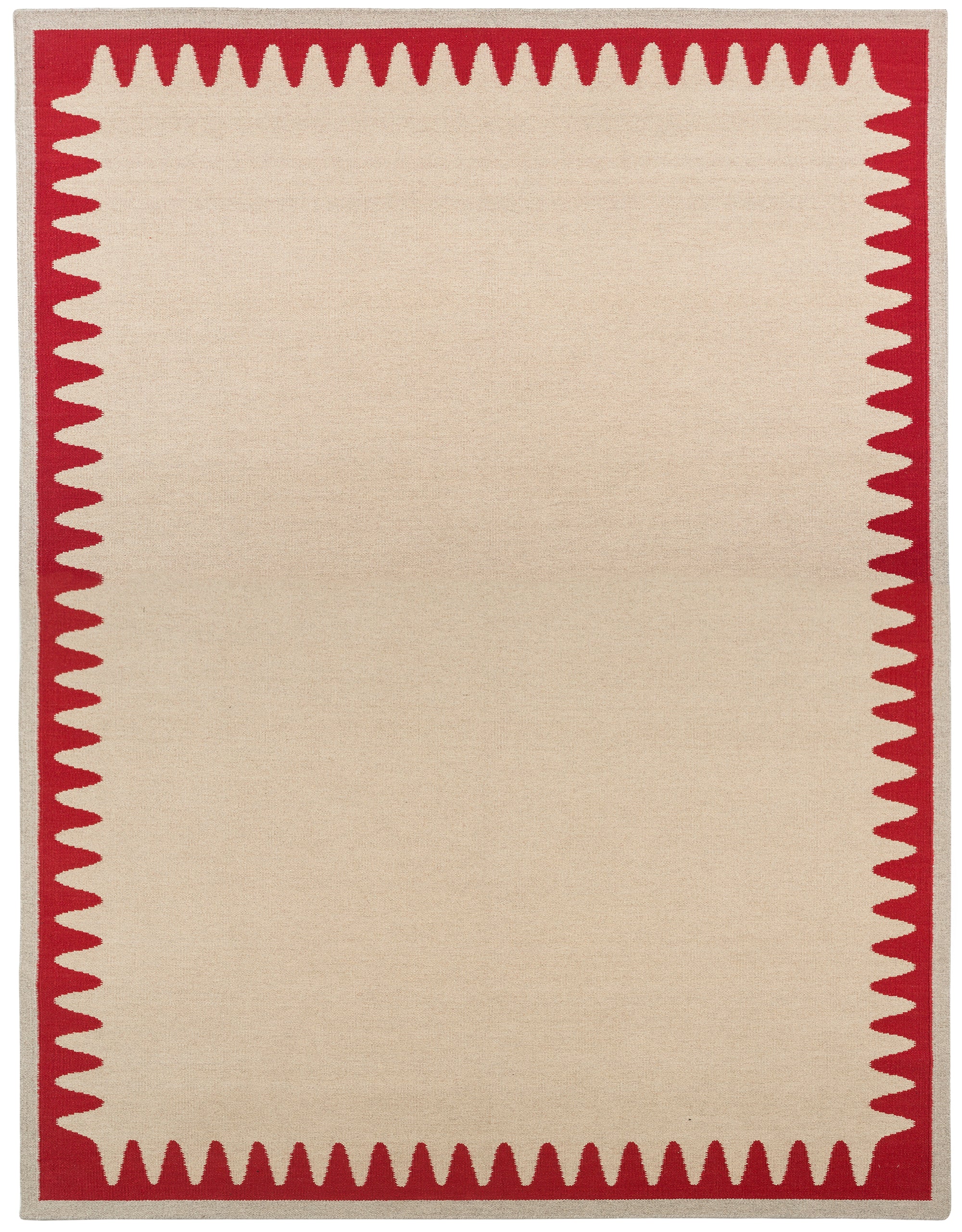 Waver Rug in Pillbox Red, a solid Ivory field with a red flame stitch border. 