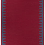 Waver Rug in Queensdown Red, a solid red field with a blue flame stitch border. 
