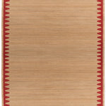 Waver Rug in Safflower Red, a strated ecru field with a red flame stitch border. 