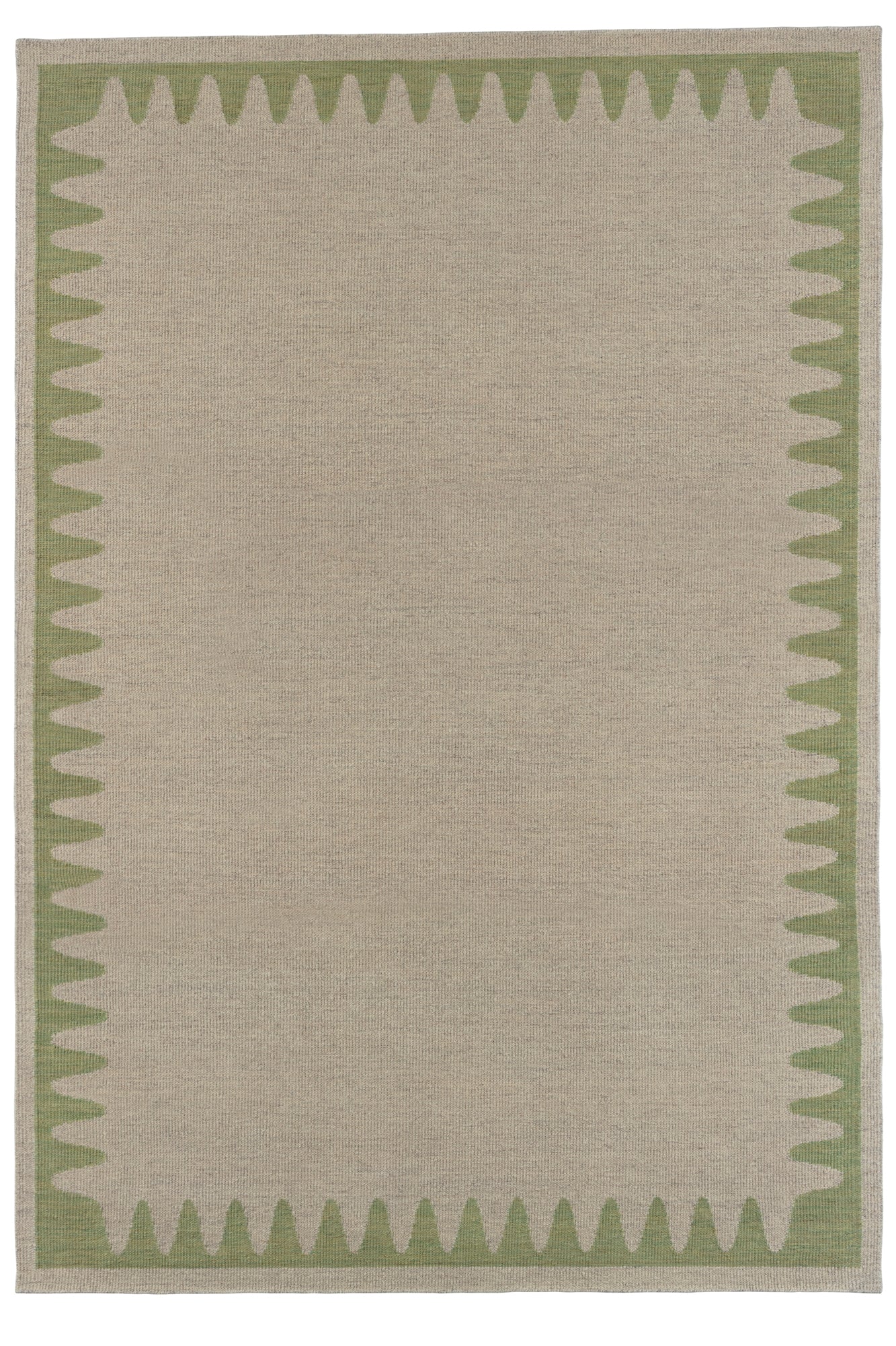 Waver Rug in Sage, a strated taupe field with a sage green flame stitch border. 