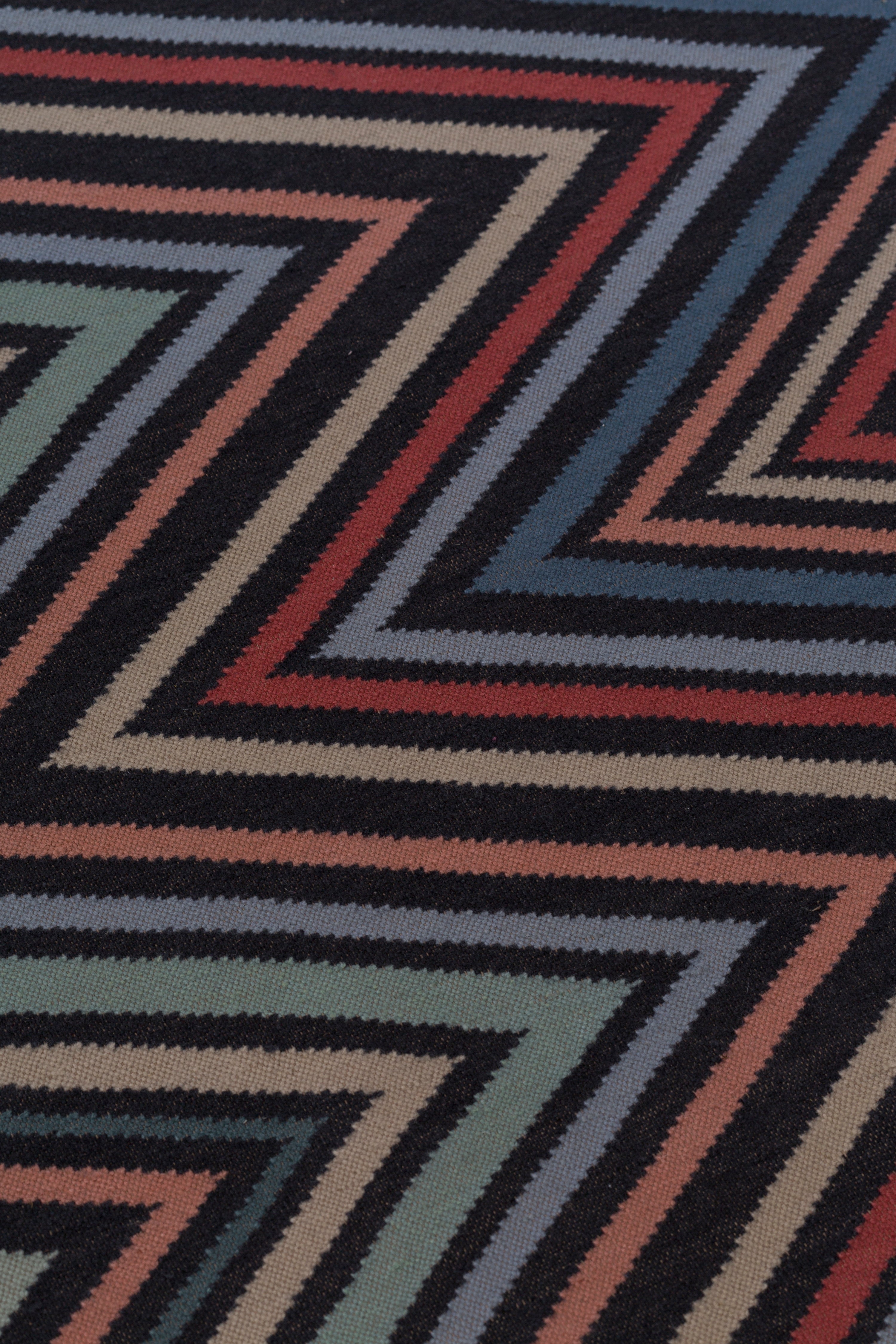 Detail of To The Point Rug in Hessonite-Garnet-Slate, a zig zag pattern in red, blue coral with black. 