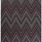 Full size To The Point Rug in Hessonite-Garnet-Slate, a zig zag pattern in red, blue coral with black, with a black fringed edge. 