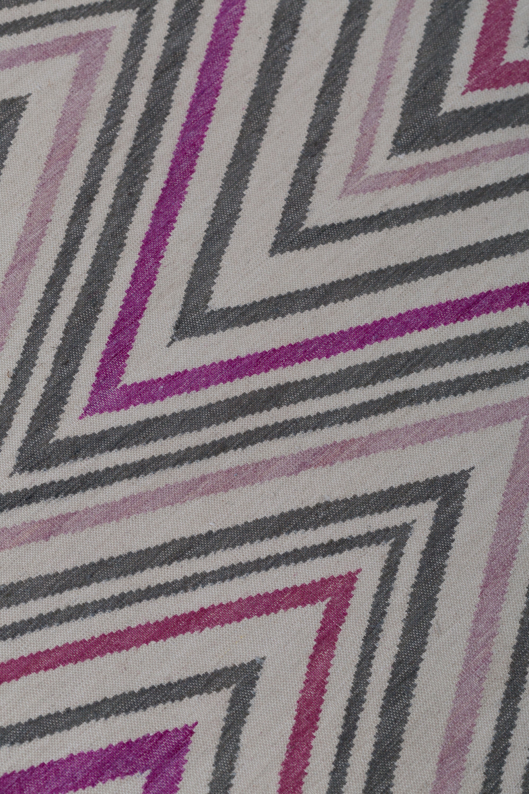 Detail of the Zig Zag Rug in Ruby-Rose, a mutli color zig zag pattern in fucshia, magenta, link and charcoal on a white field. 